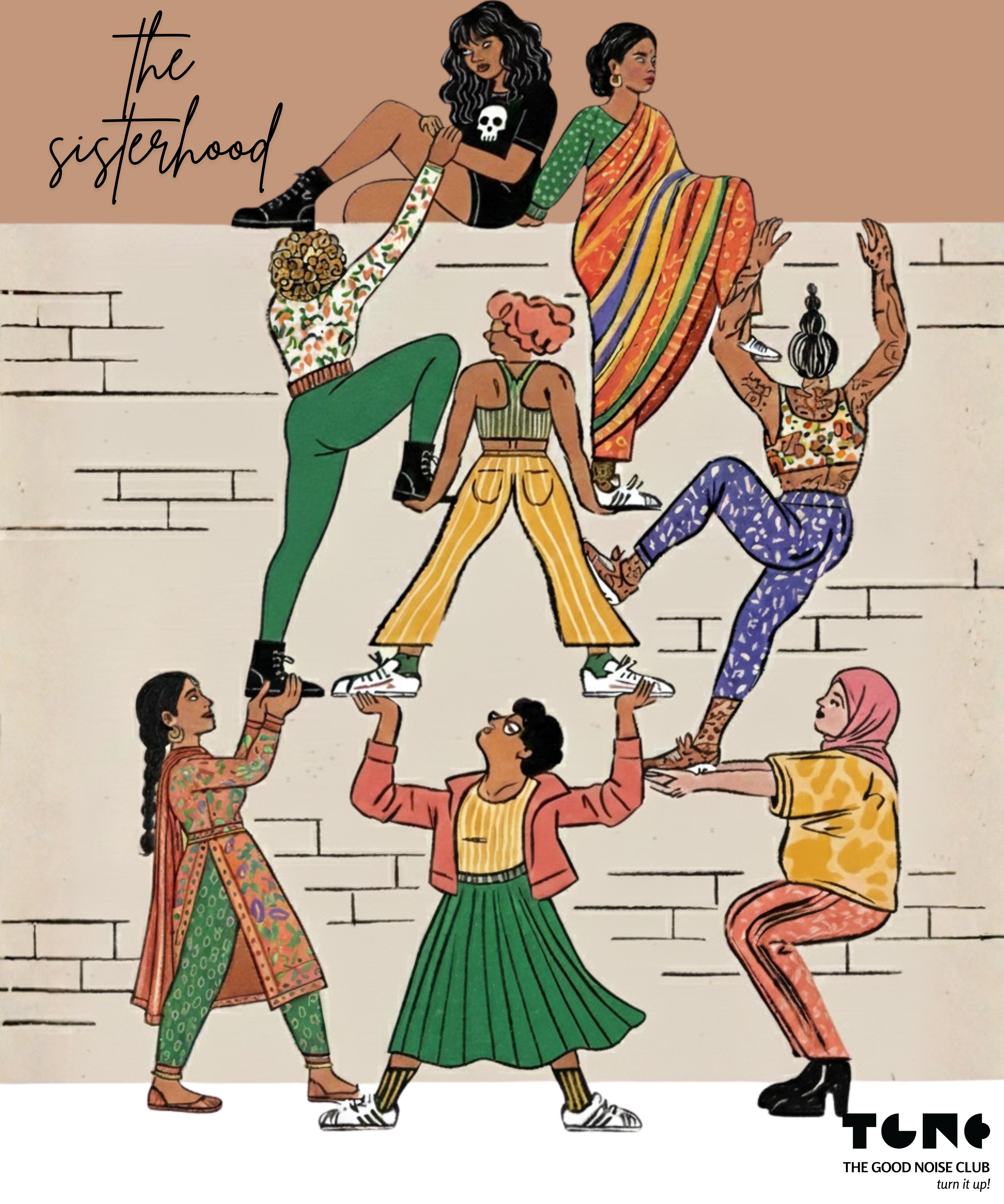 A colorful graphic design held by a hand against a gray background