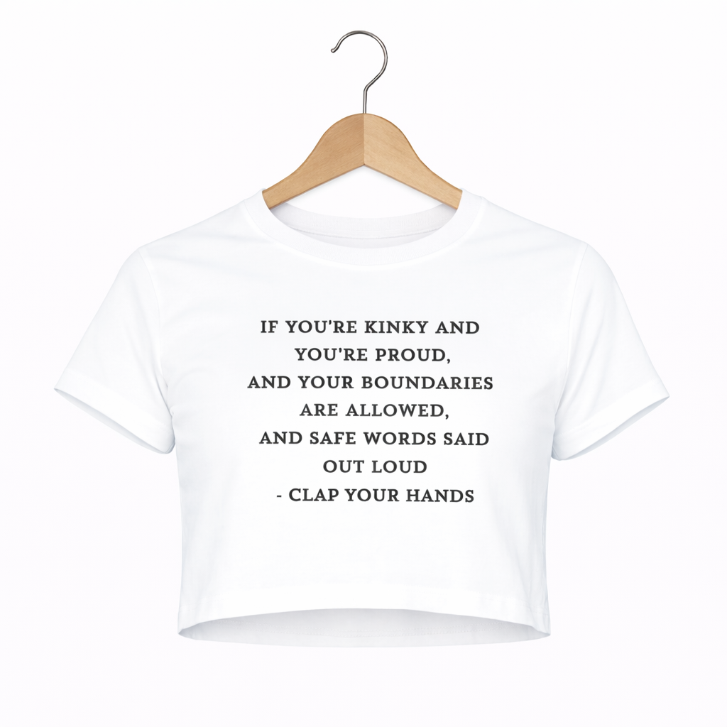 White t-shirt with black text on a hanger against a white background