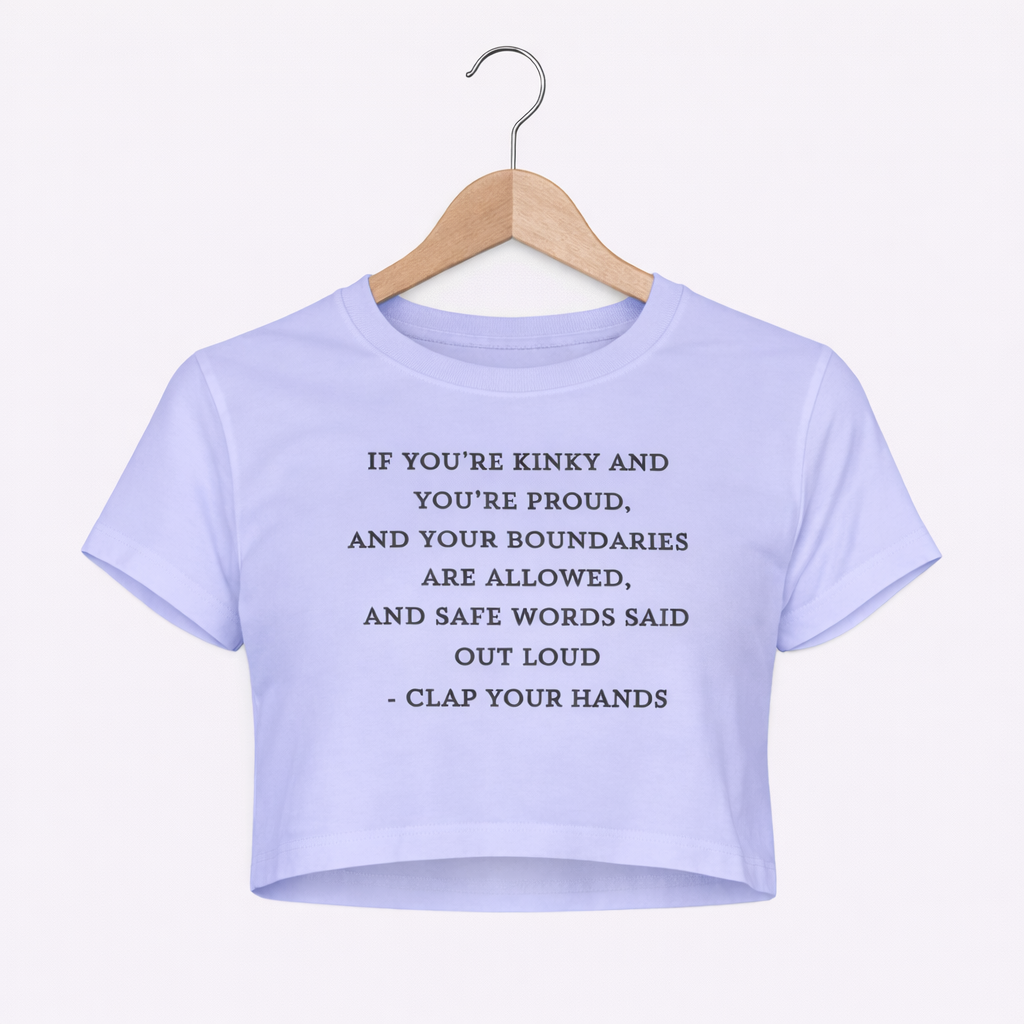 Light purple t-shirt with text on a hanger against a white background