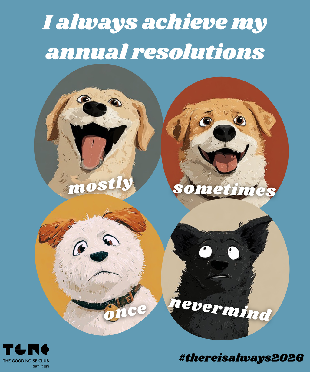 Four cartoon dogs with different expressions and text on a blue background, featuring the Good Noise Club logo.