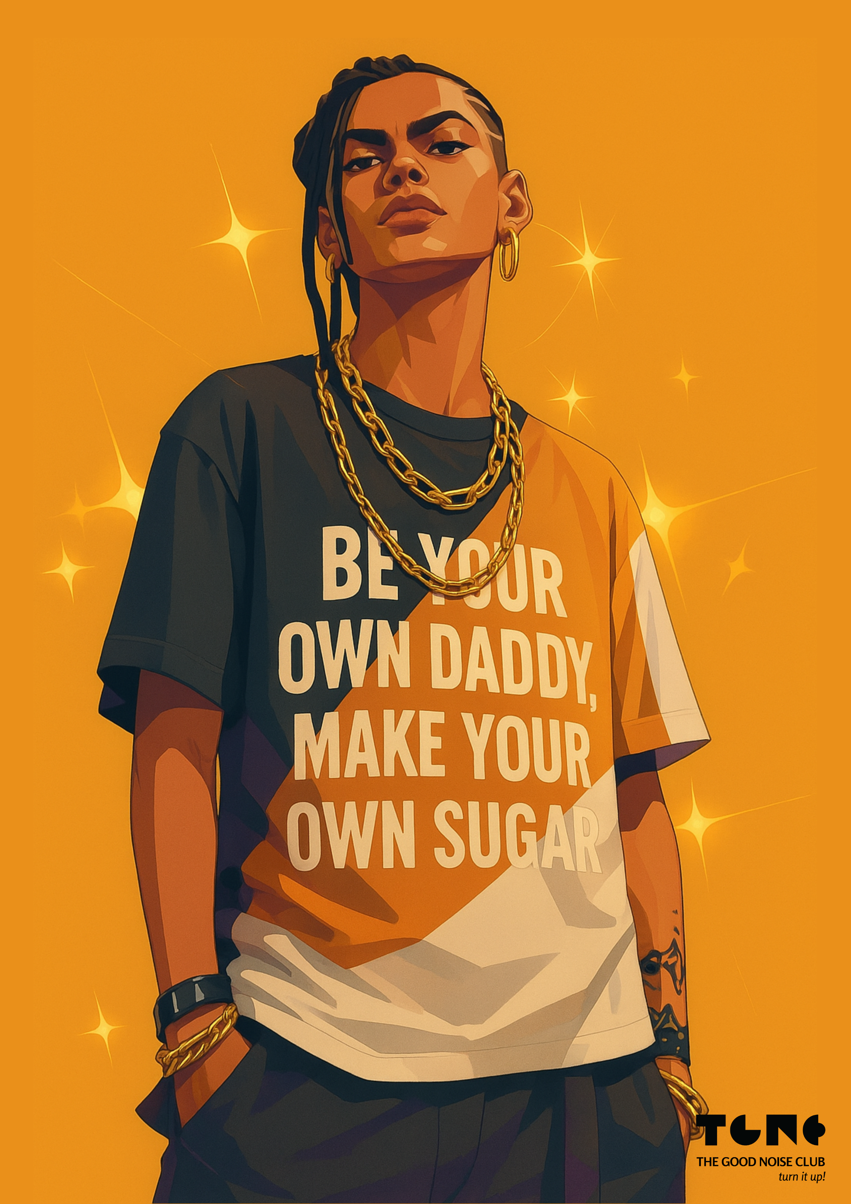 Illustration of a person wearing a t-shirt with a motivational quote on an orange background