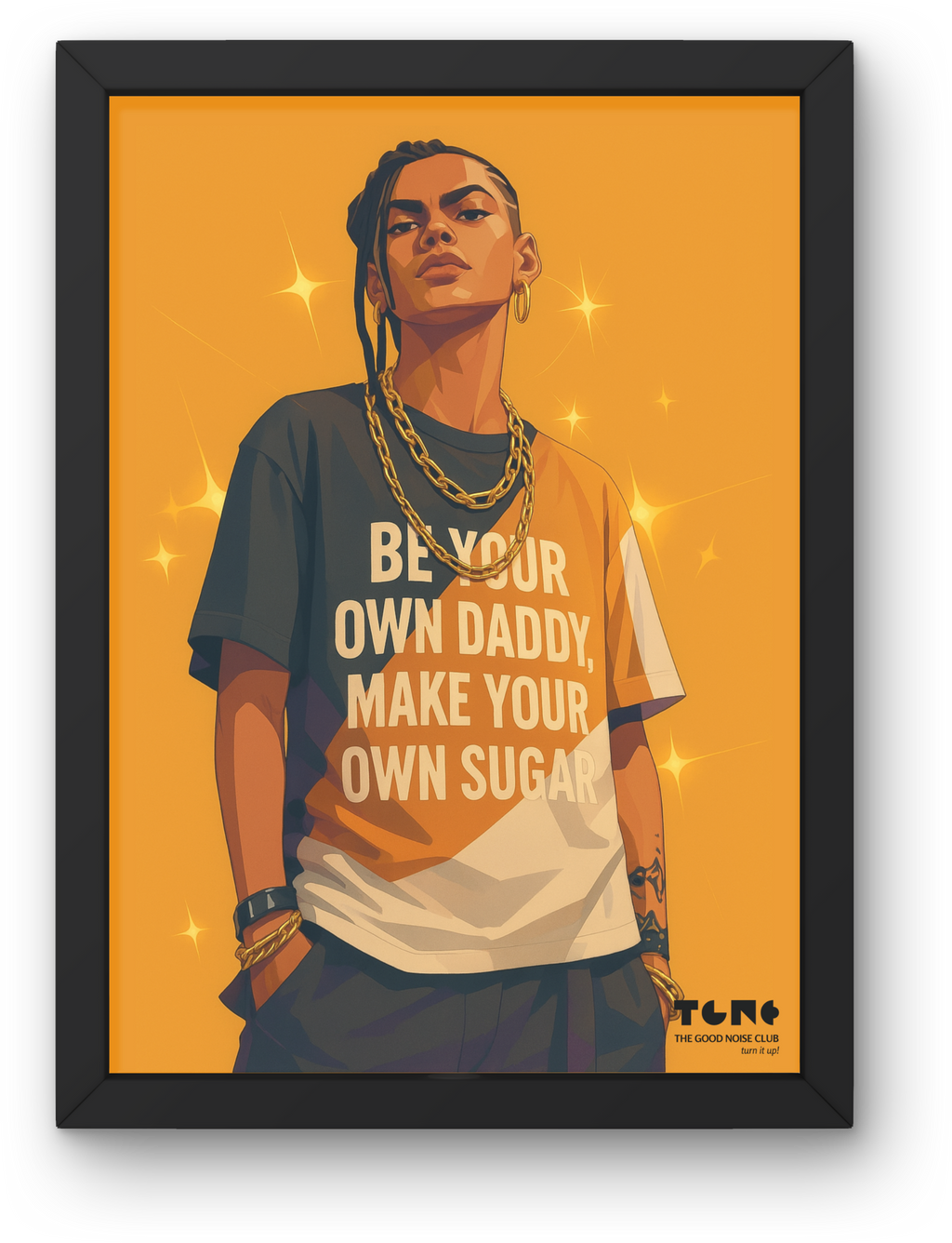 Framed artwork of a person wearing a t-shirt with text on an orange background