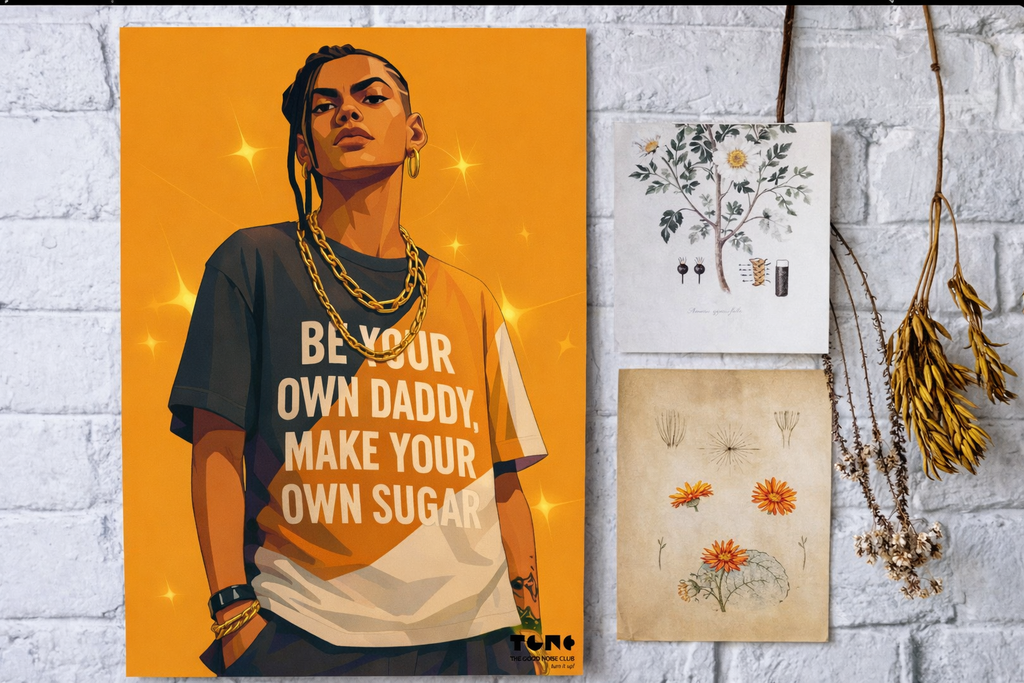 Art board print of a person wearing a t-shirt with motivational text on an orange background, displayed on a white brick wall.