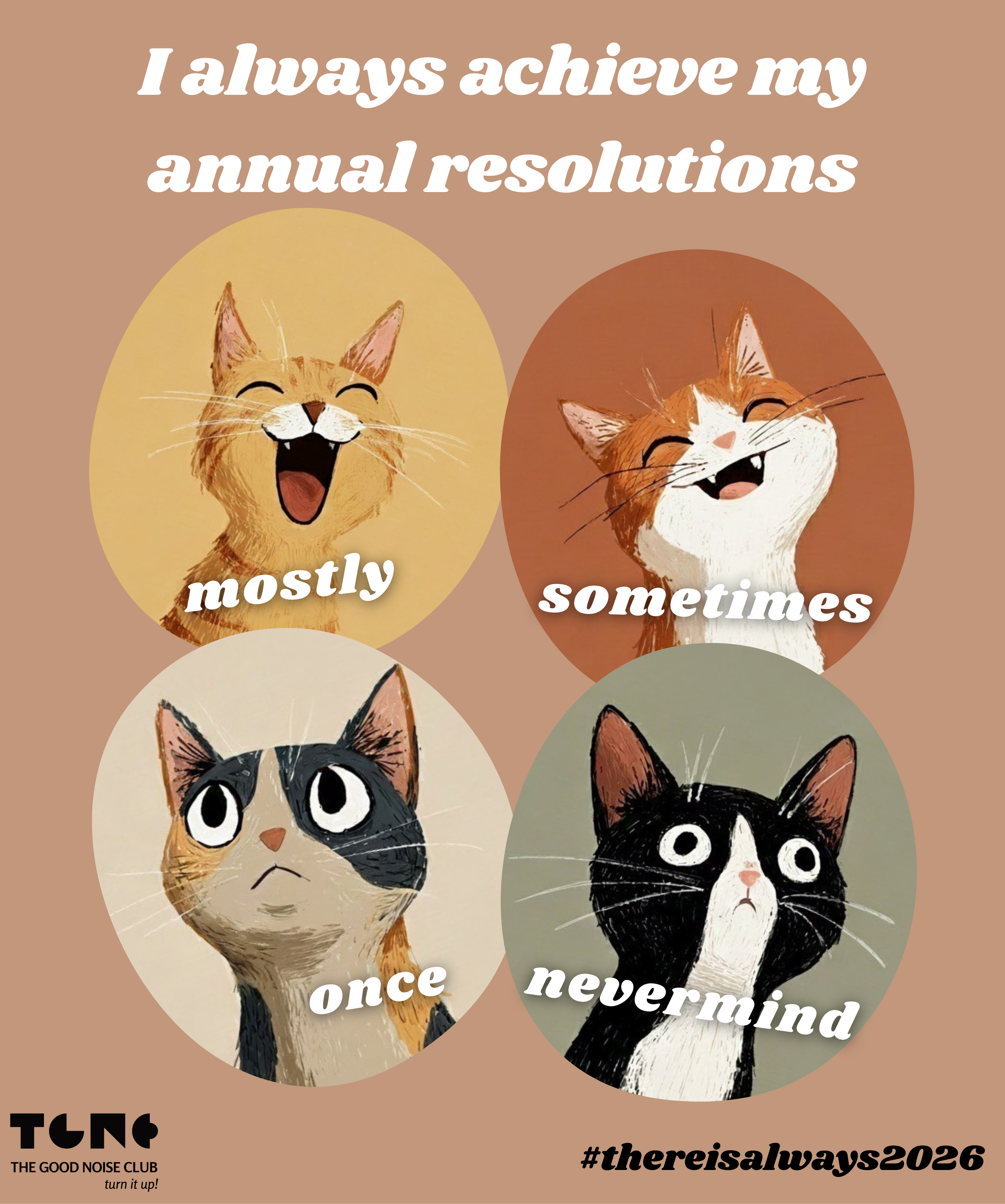 Four cats with different expressions and text on a brown background, featuring the Good Noise Club logo.