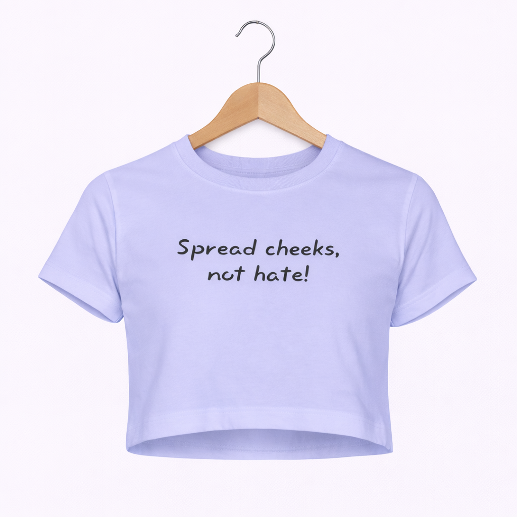 Light purple crop top with text on a hanger against a white background