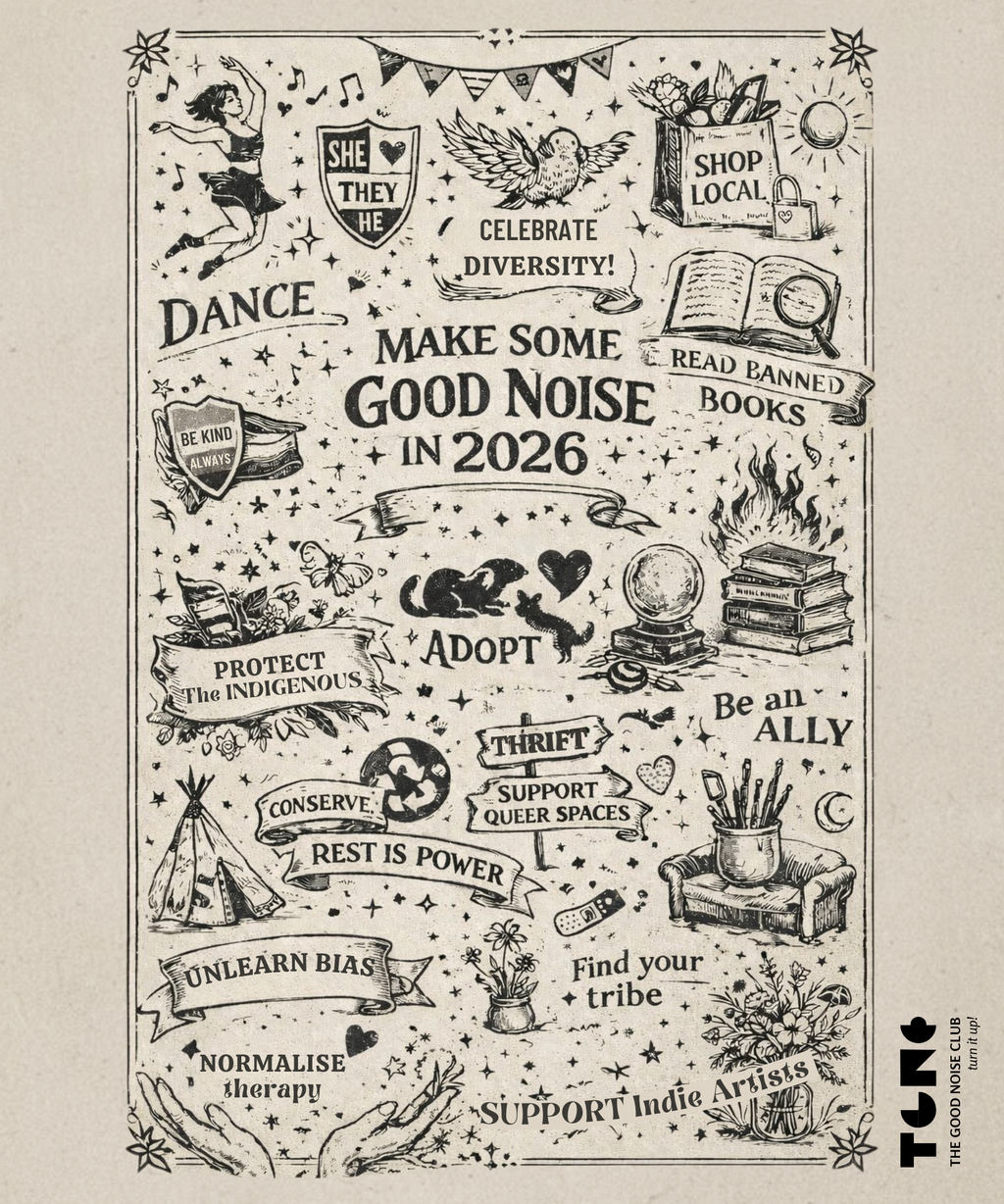 Illustrated poster with various social and political statements on a beige background