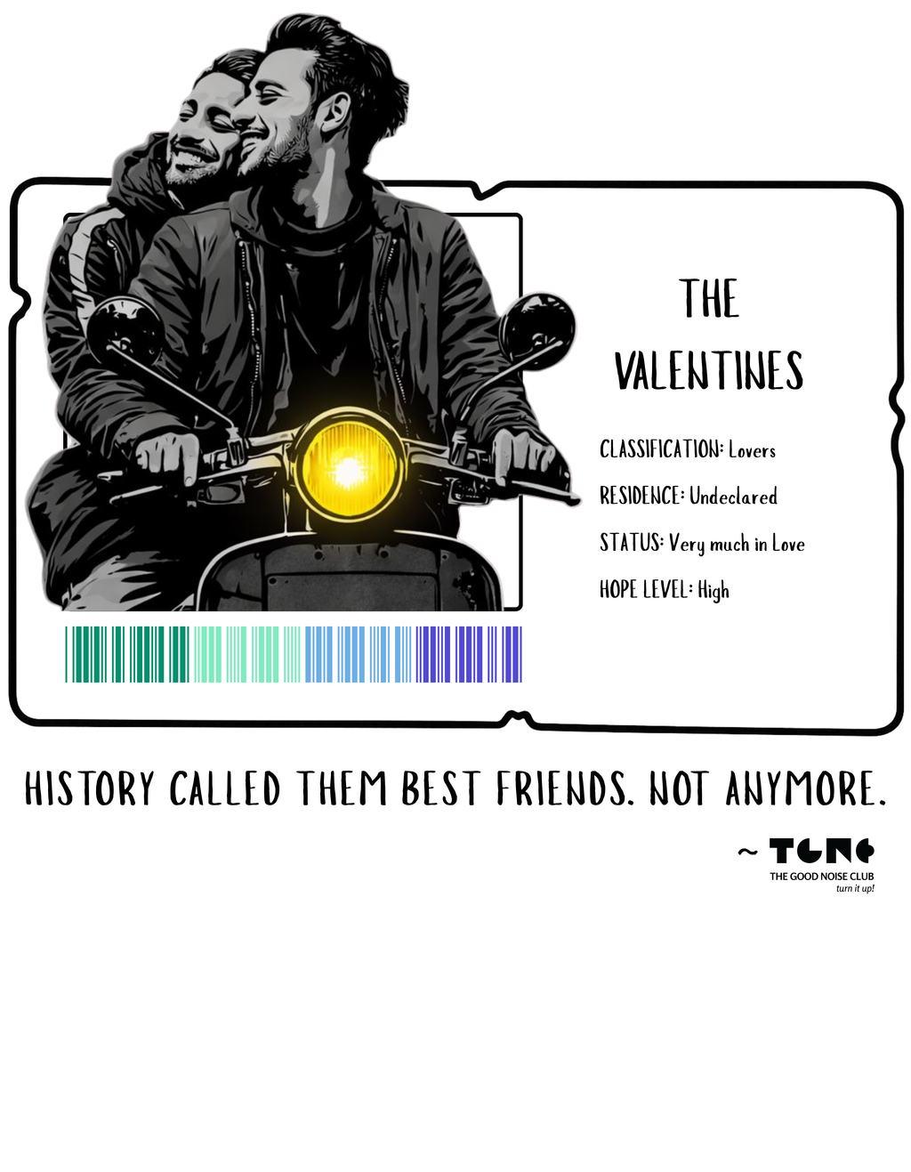 Illustration of two people on a motorcycle with text about 'The Valentines' and a quote.