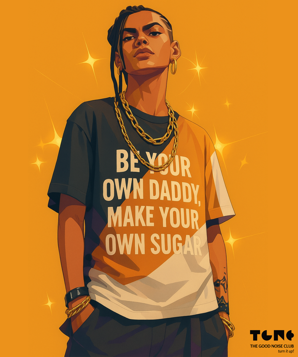 Person wearing a t-shirt with a motivational quote on an orange background