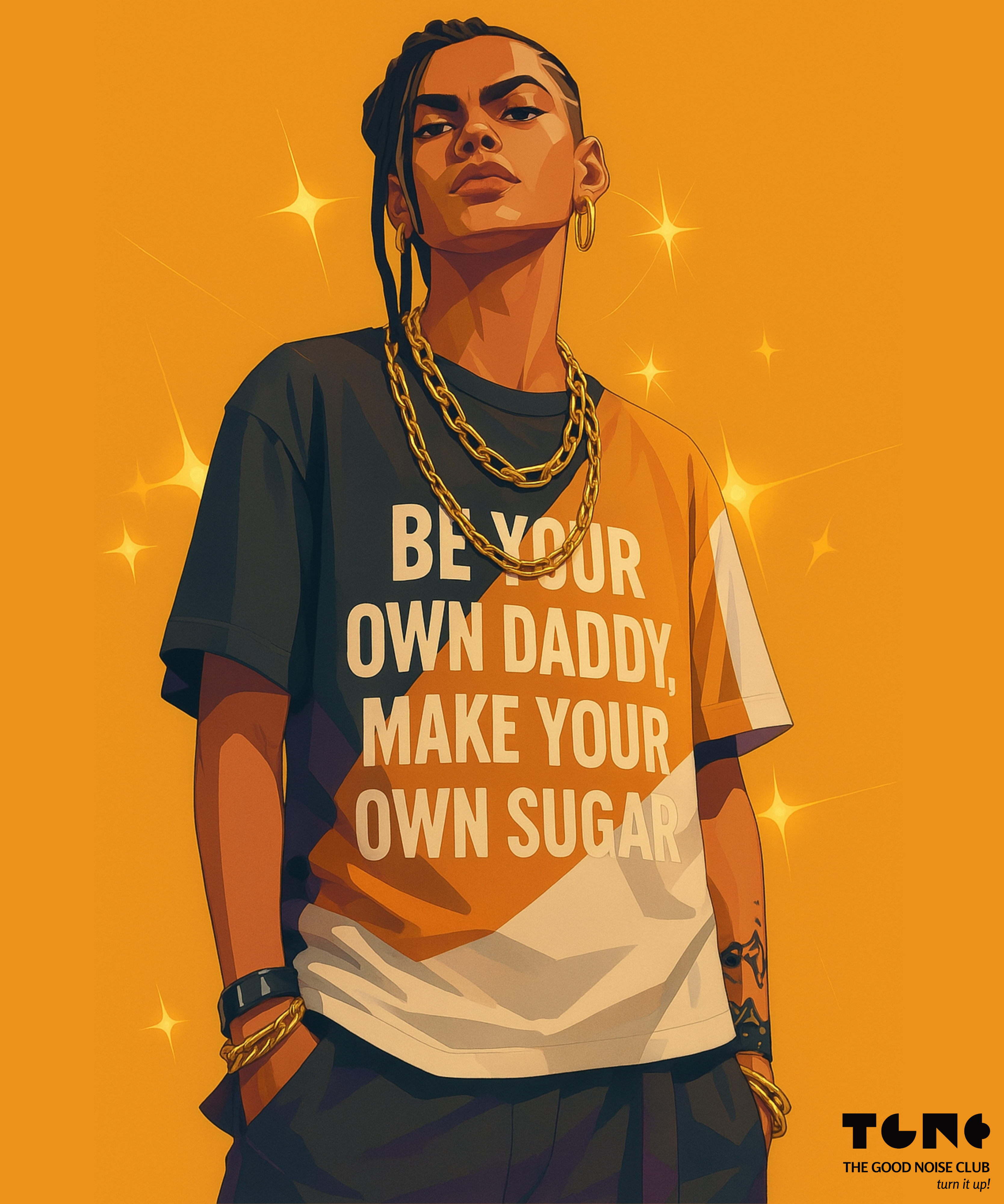 Person wearing a t-shirt with a motivational quote on an orange background