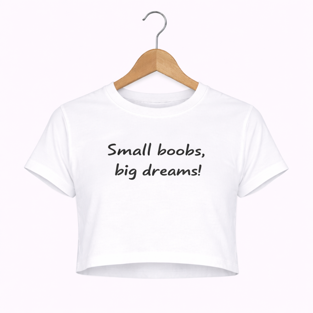 White crop top with 'Small boobs, big dreams!' text on a hanger against a white background
