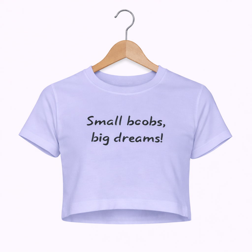 Light purple crop top with text on a hanger against a white background