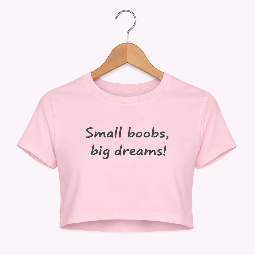 Pink crop top with text 'Small boobs, big dreams!' on a hanger against a white background