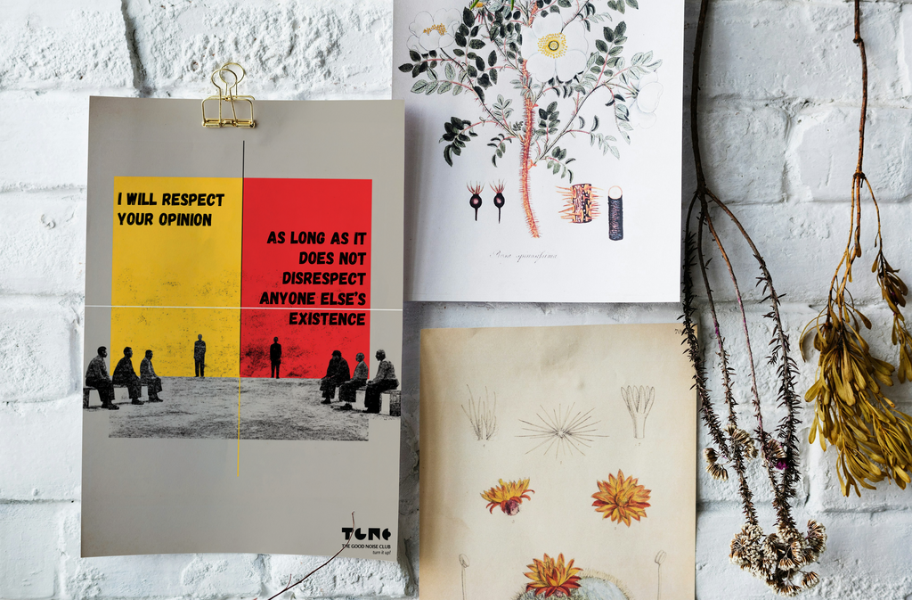 Collage of various posters on a textured wall with plants.