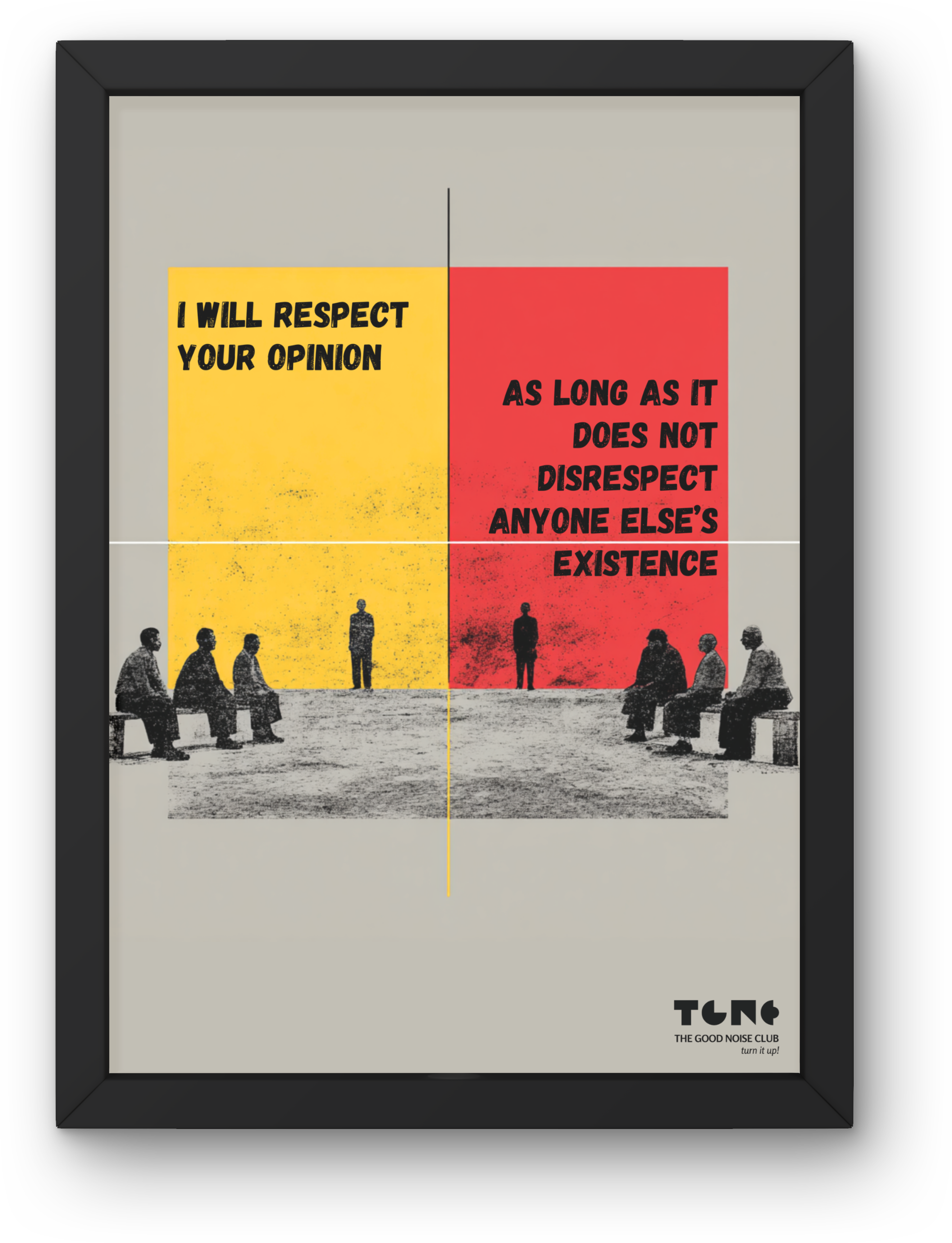 Framed poster with text and black and white illustrations on a beige background