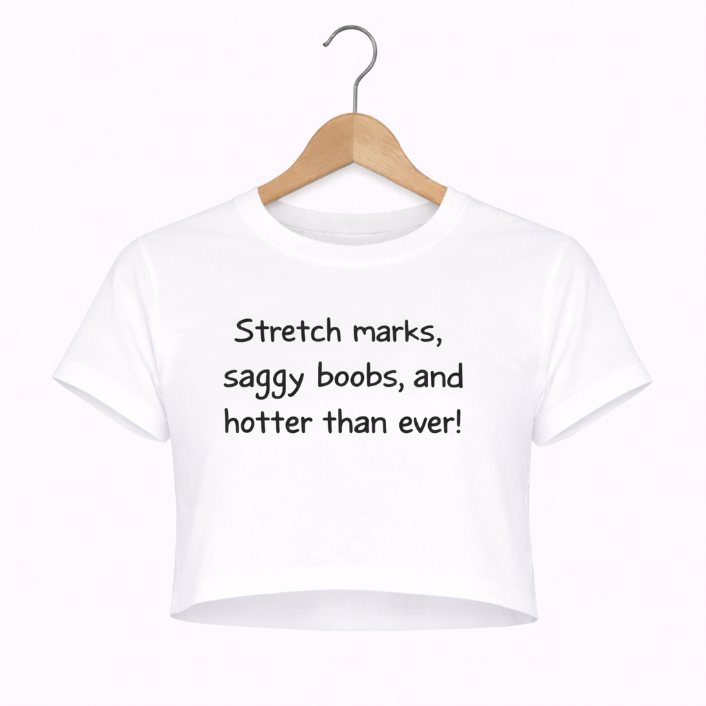 White crop top with black text on a white background