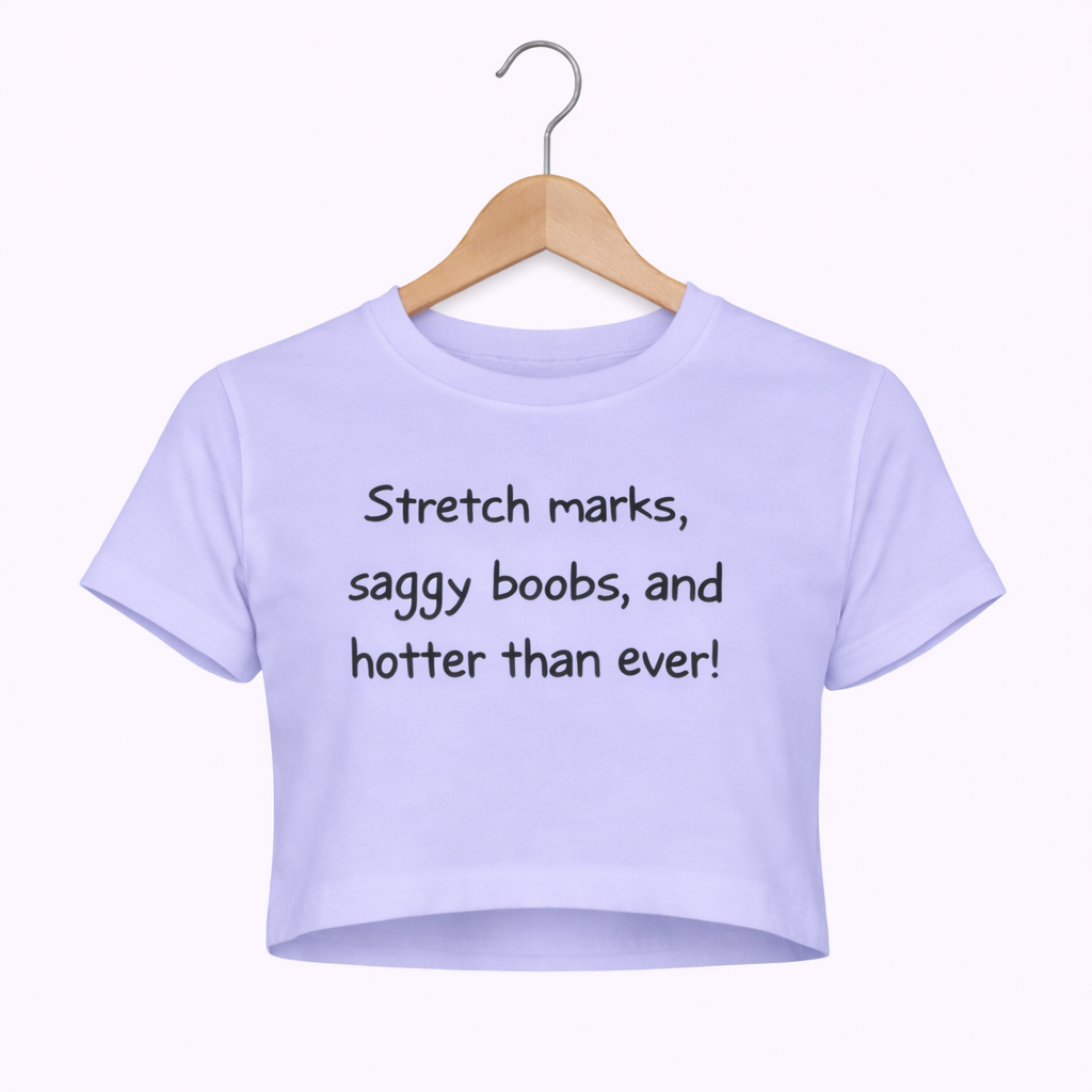 Light purple crop top with text on a white background