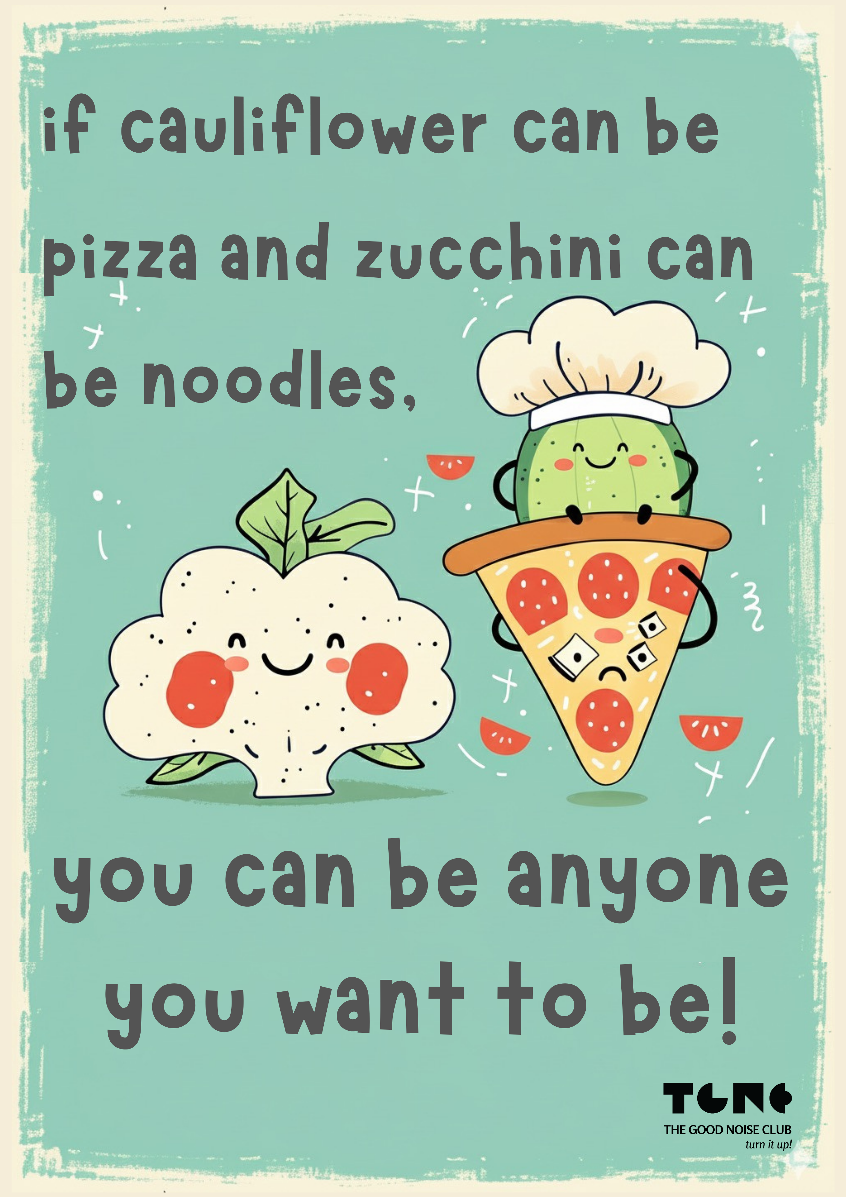 Cartoon cauliflower and zucchini with pizza and chef hat on a light blue background with text.