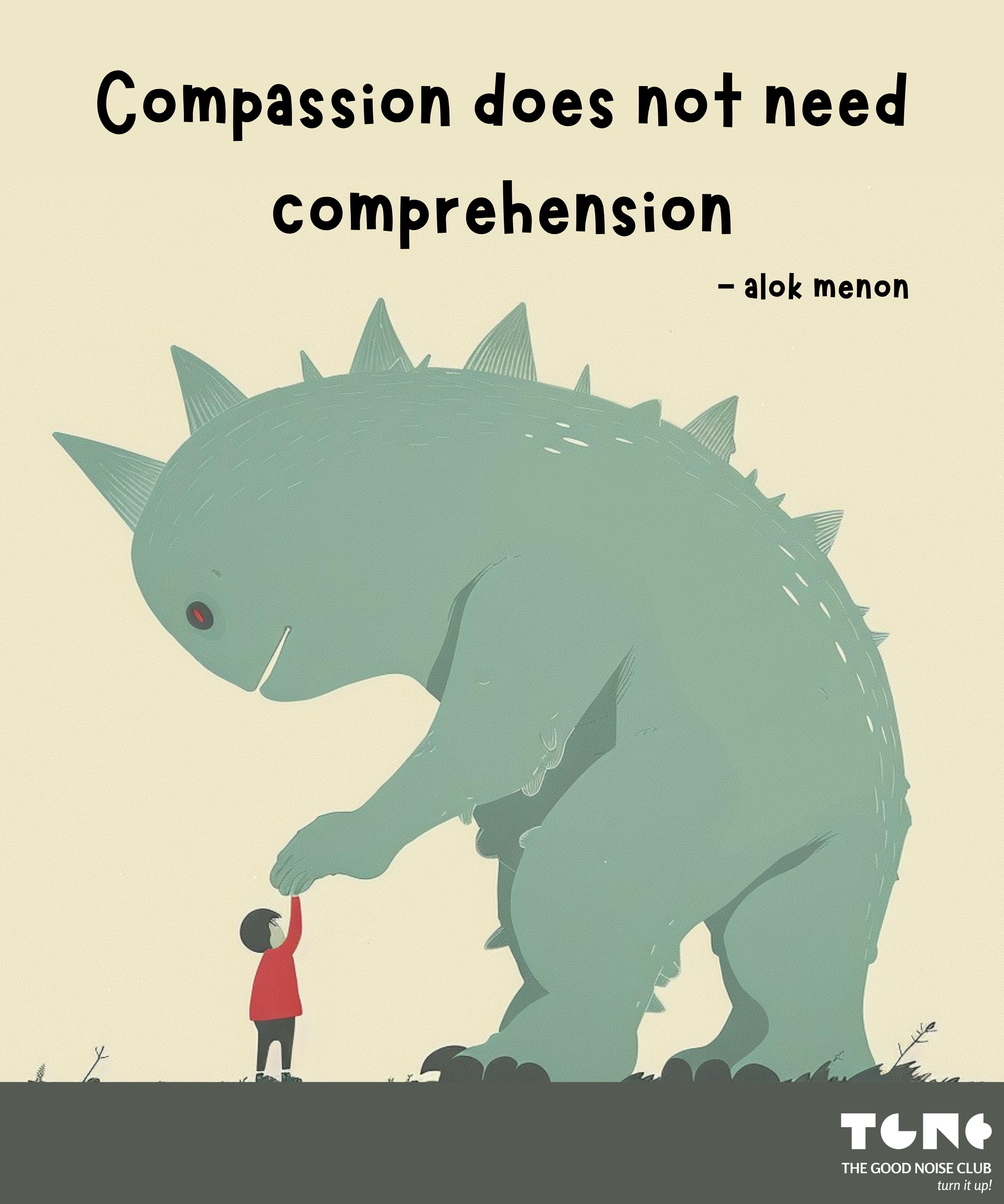 Illustration of a child holding hands with a dragon, with text about compassion.