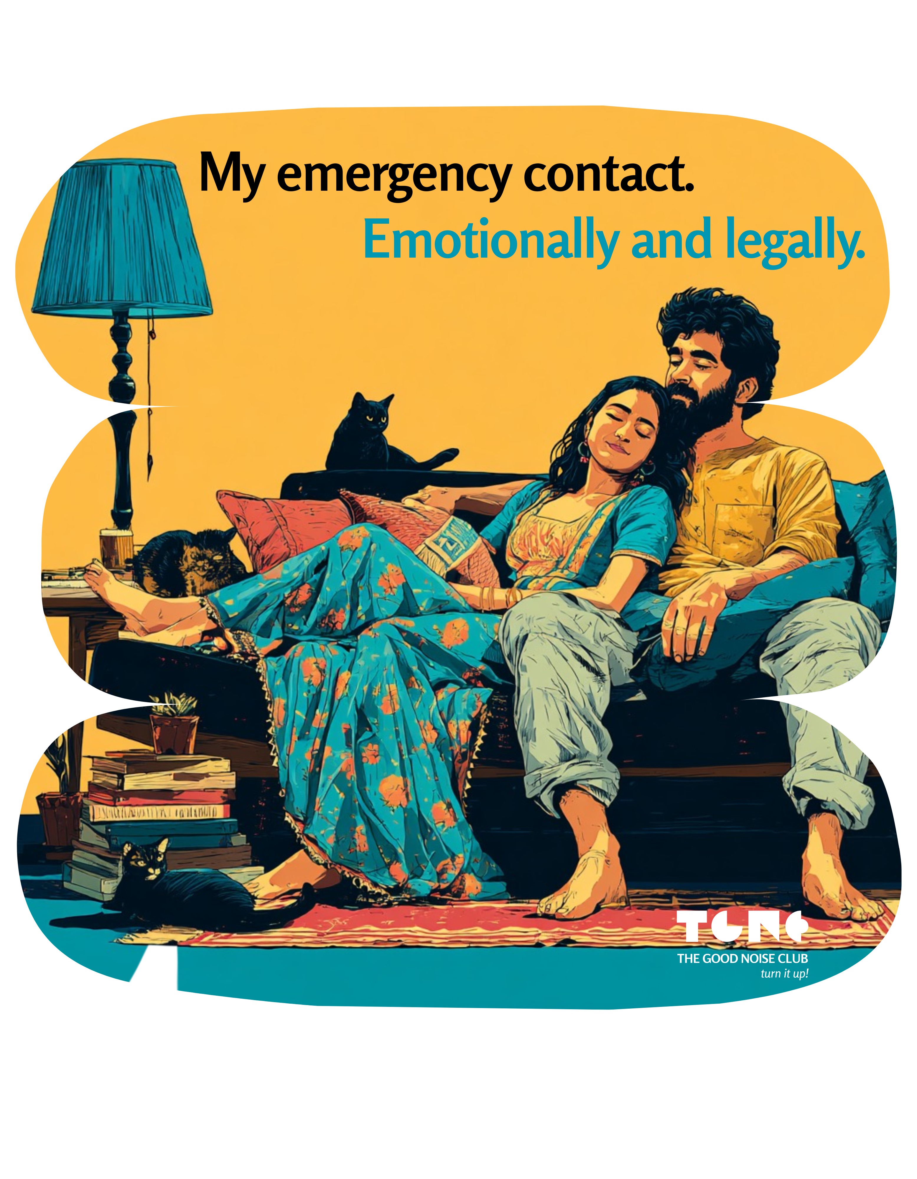 Illustration of a couple sitting on a couch with text 'My emergency contact. Emotionally and legally.'