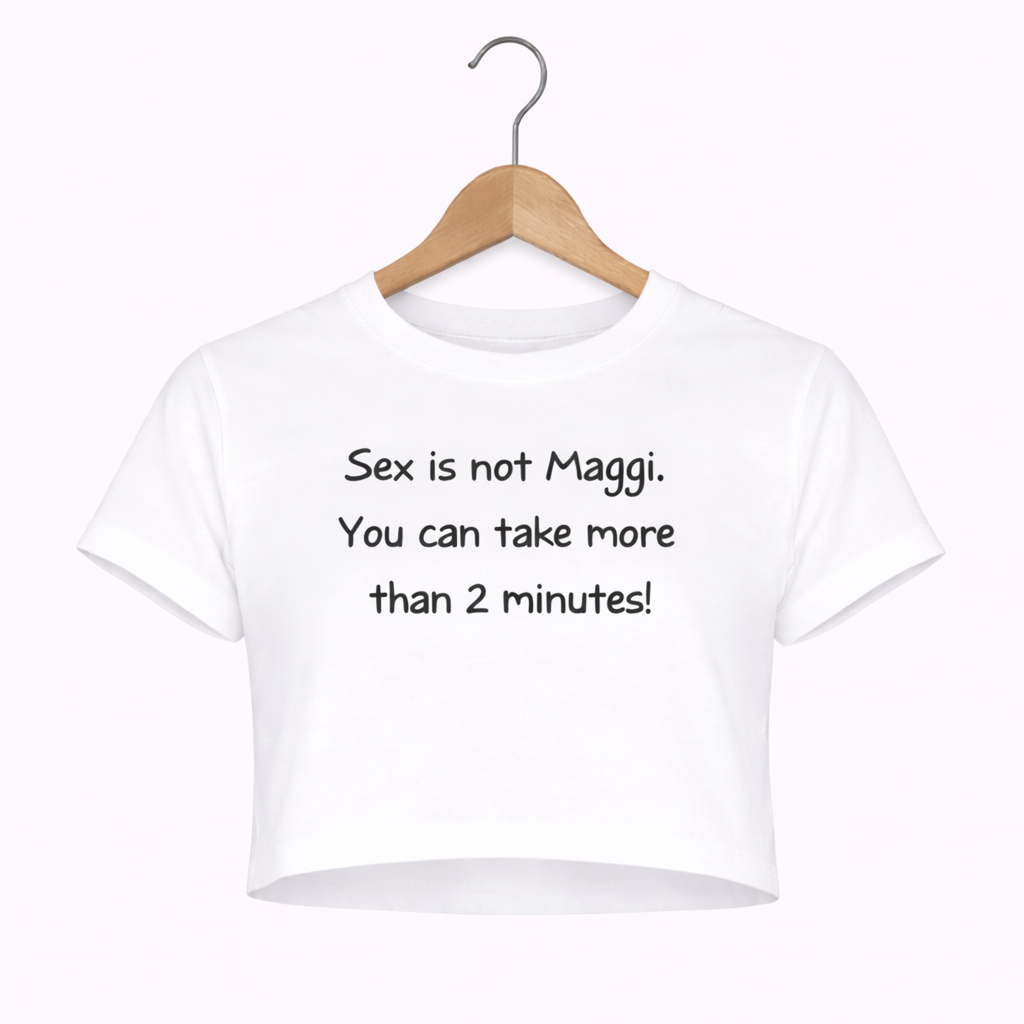 White crop top with black text on a hanger against a white background