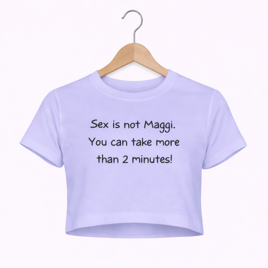 Light purple crop top with text on a hanger against a white background