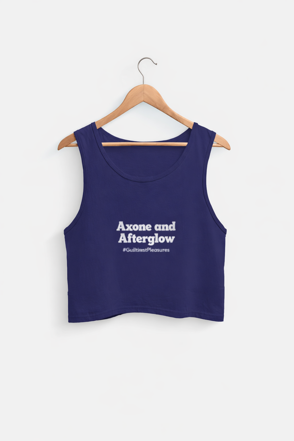 Navy blue tank top with white text on a hanger against a white background