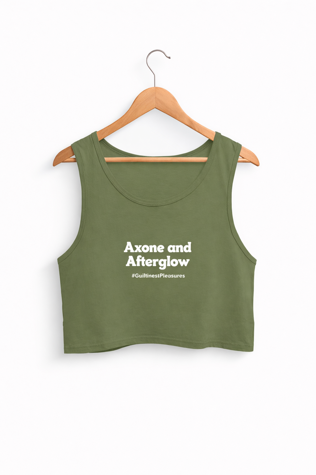 Green tank top on a hanger with 'Axone and Afterglow' text on a white background