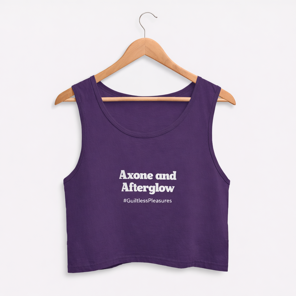 Purple tank top with text on a hanger against a white background