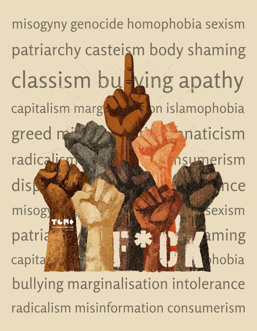 Illustration of raised fists with text on a beige background