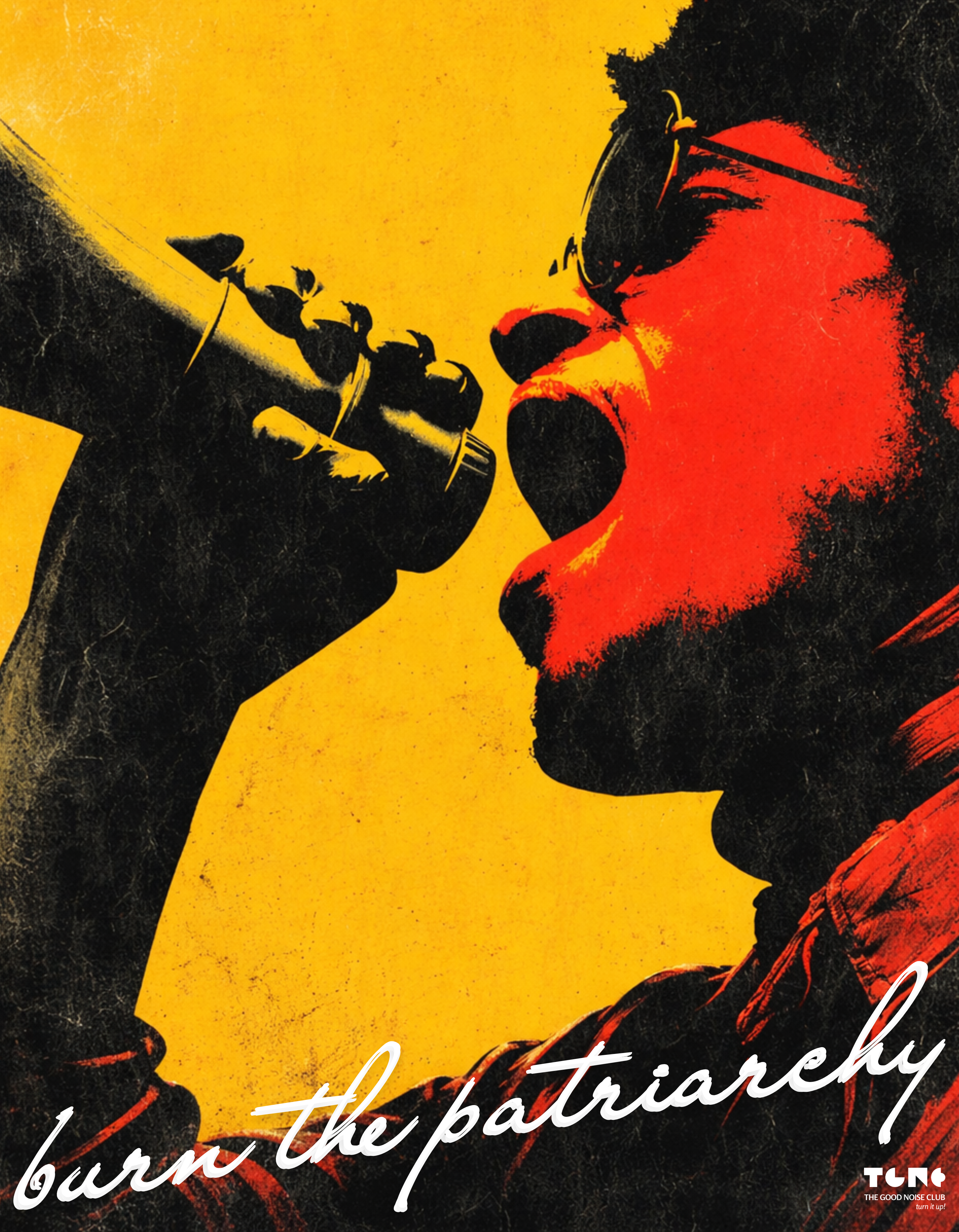 'Burn the patriarchy' text on a yellow background.