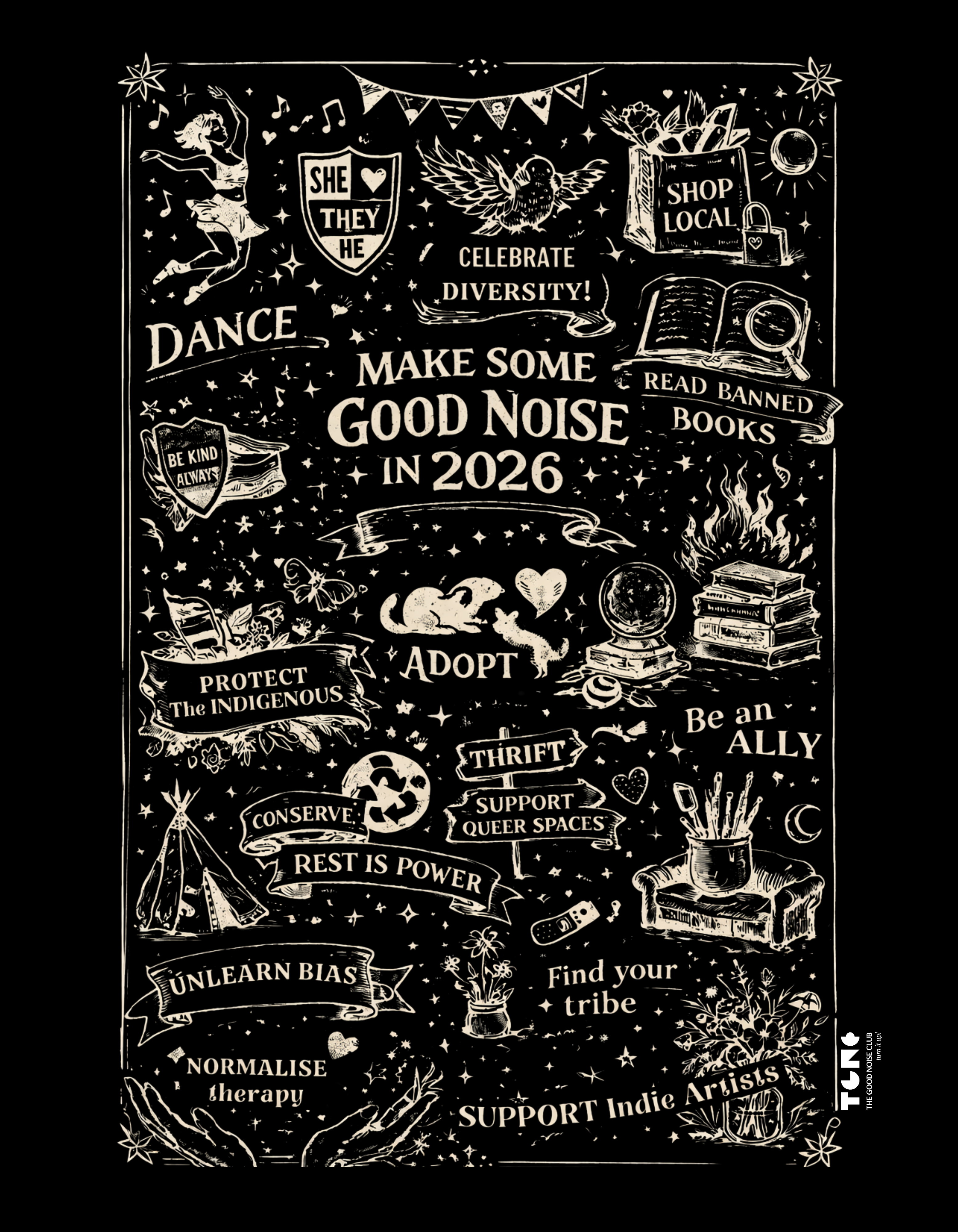 Black and white poster with various text and graphics on a black background