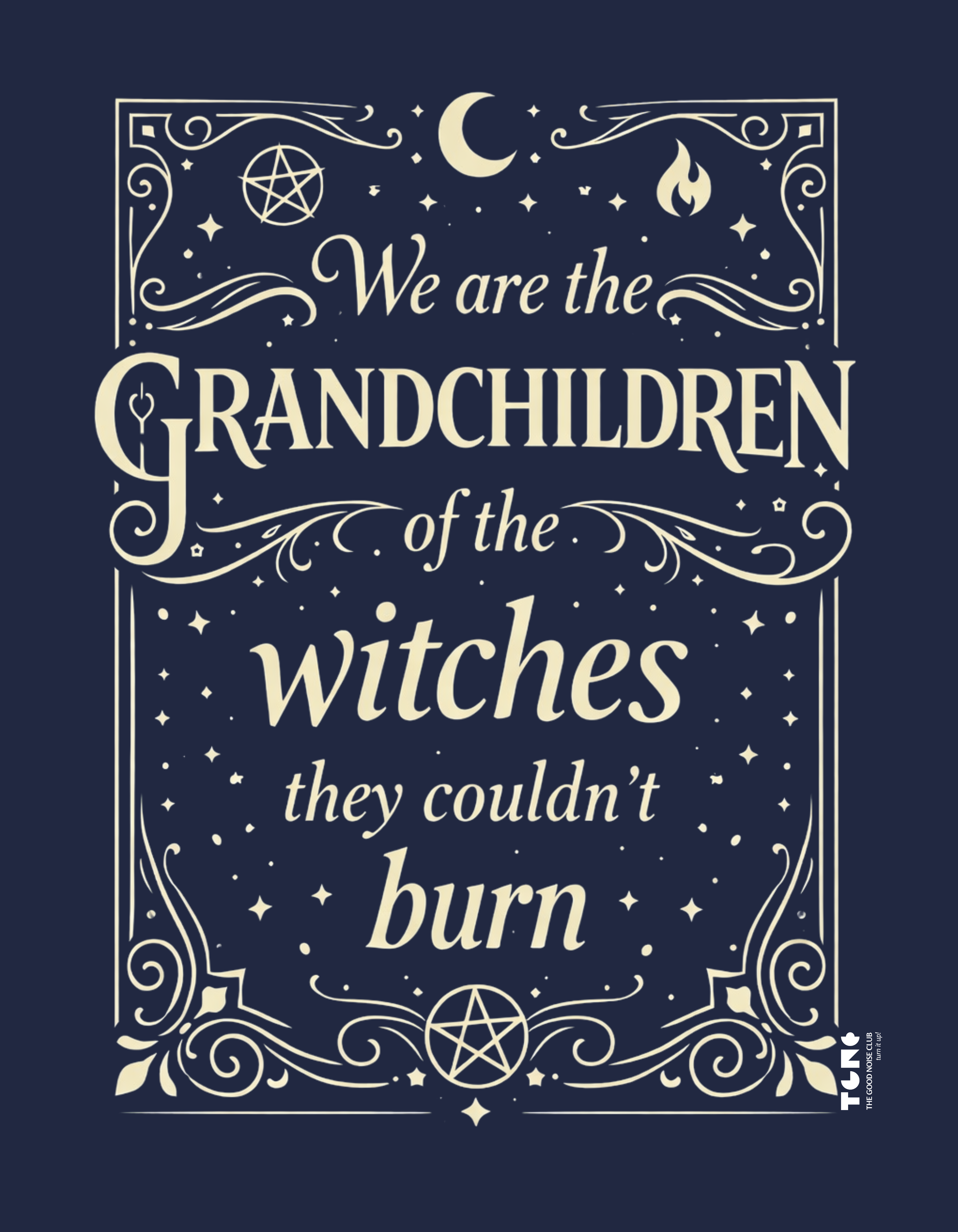 Decorative text on a dark blue background with star and moon symbols.