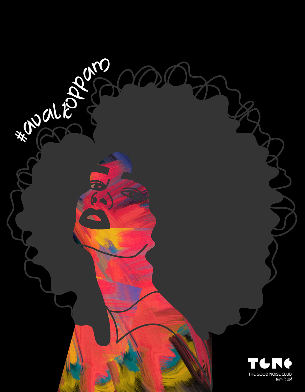 Colorful silhouette of a woman with an afro on a black background, featuring the text '#avaloporn' and 'TGN'.