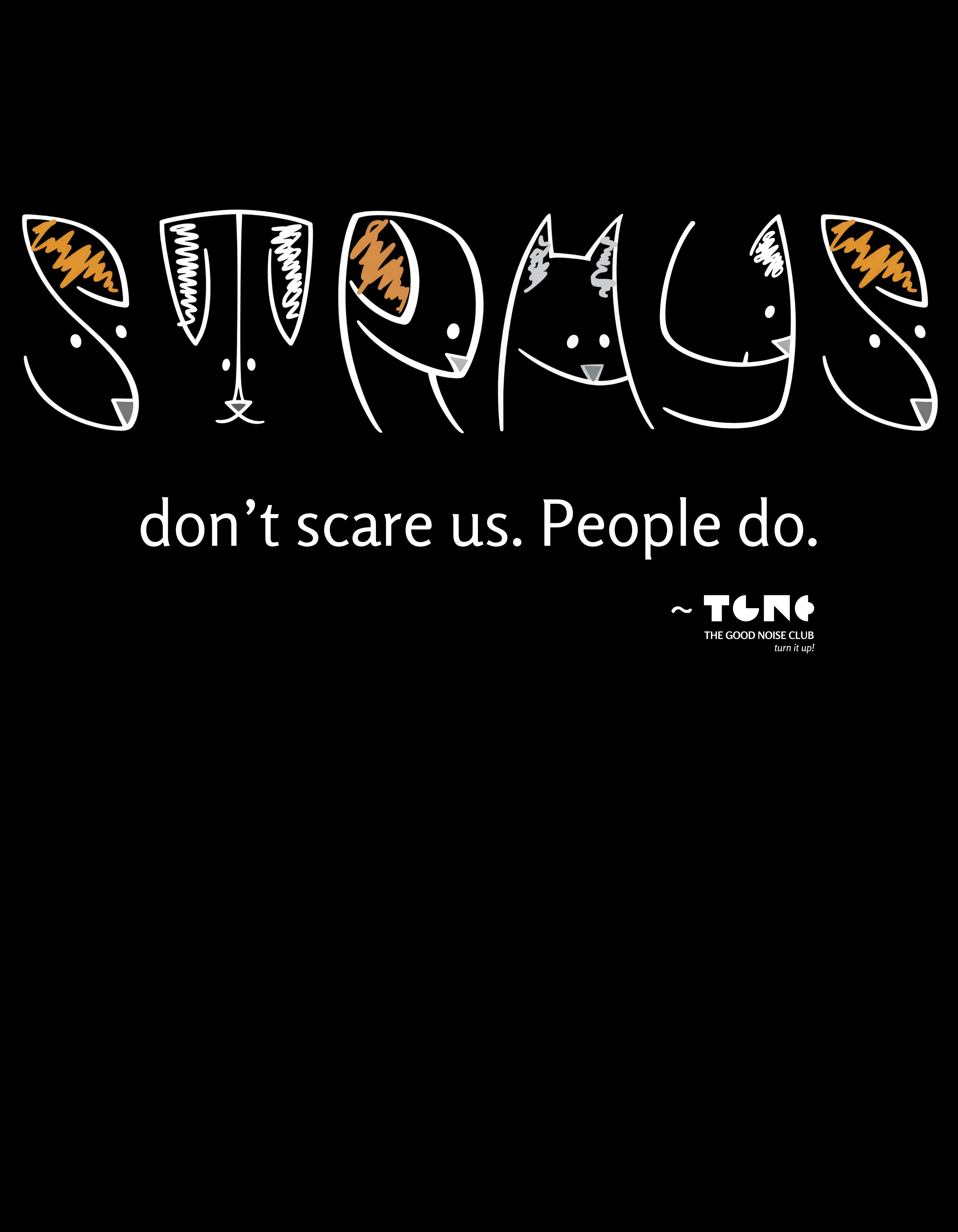 Black t-shirt with white and orange text and graphics on a black background