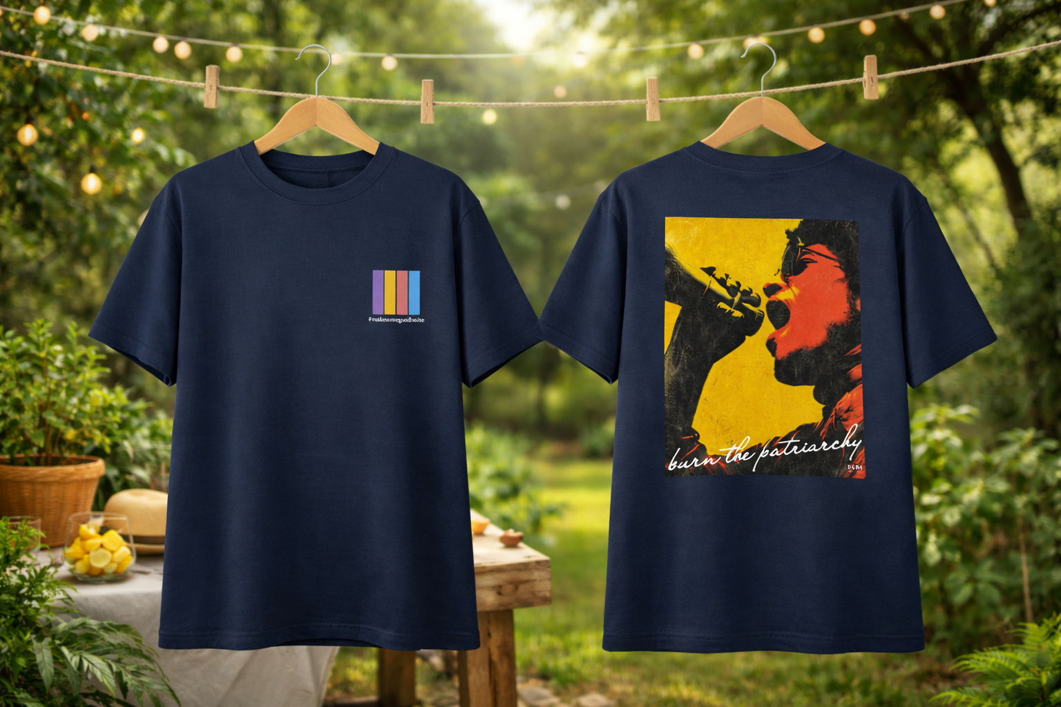 Two navy blue t-shirts with front and back designs hanging outdoors.