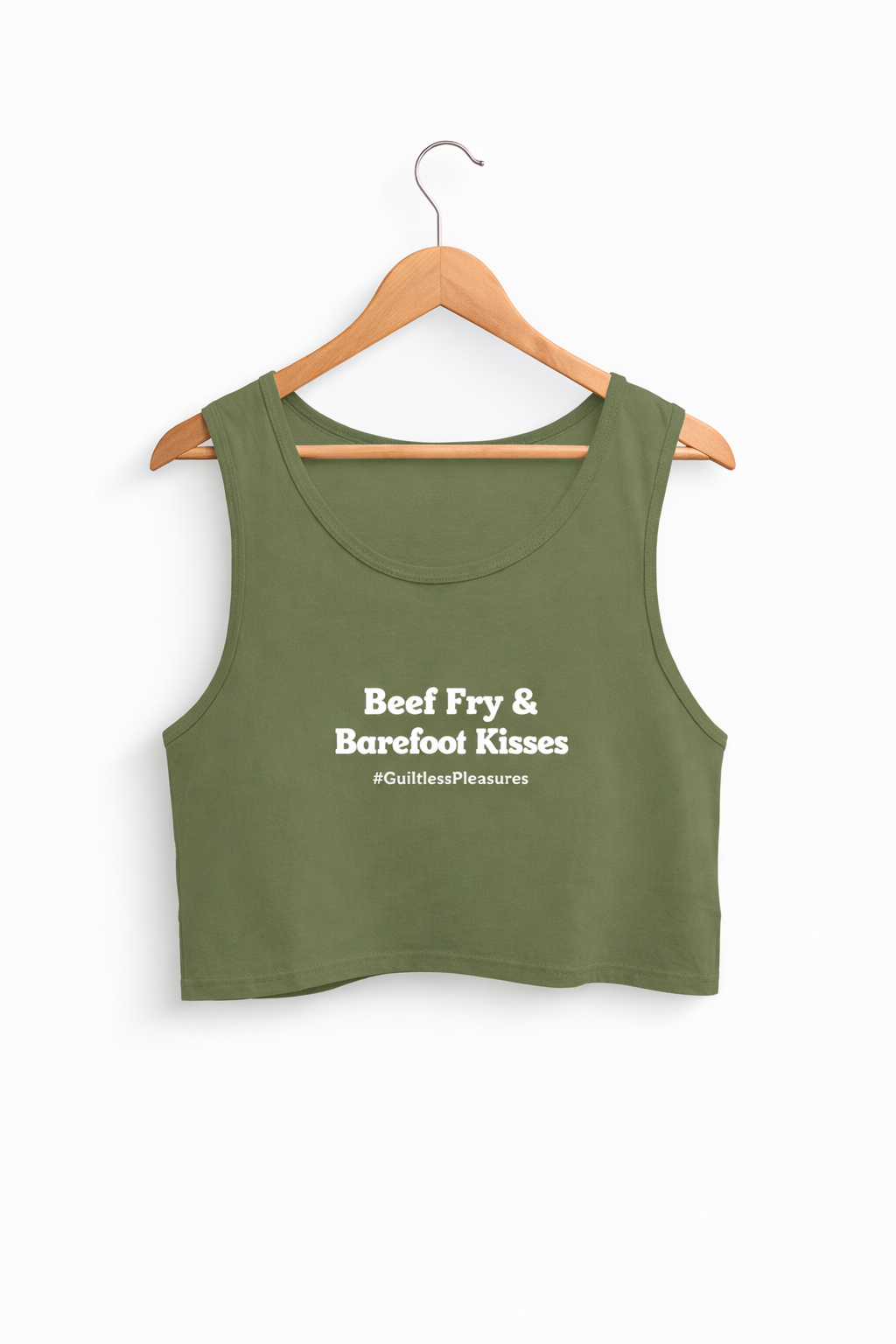 Green tank top with text on a hanger against a white background