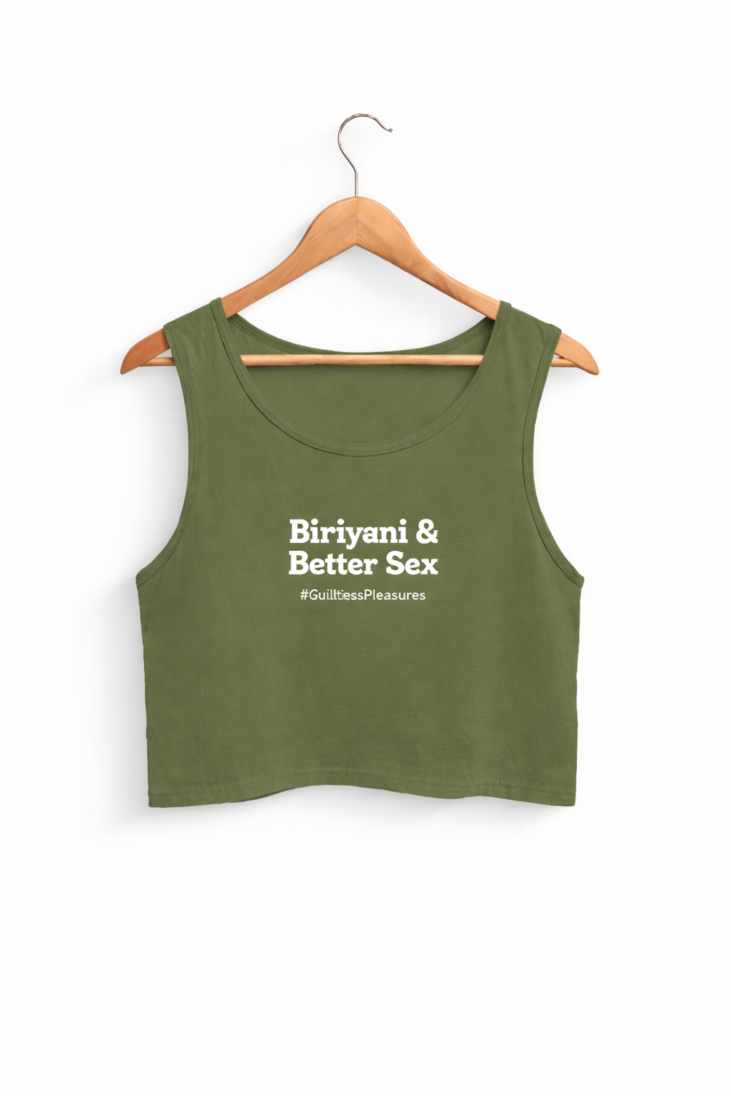 Green tank top on a hanger with text 'Biryani & Better Sex' on a white background