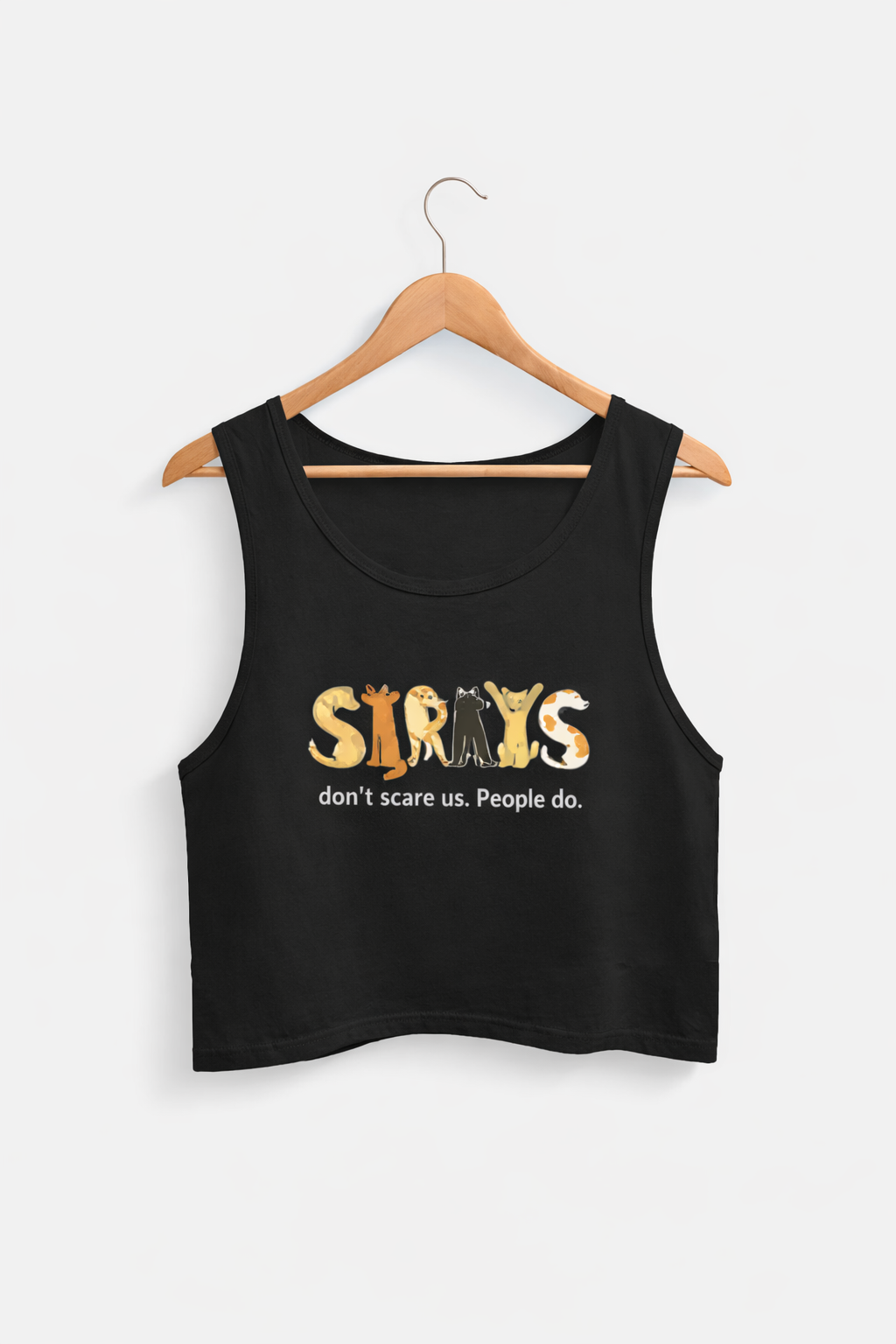 Black tank top with 'Stray' design on a hanger against a white background