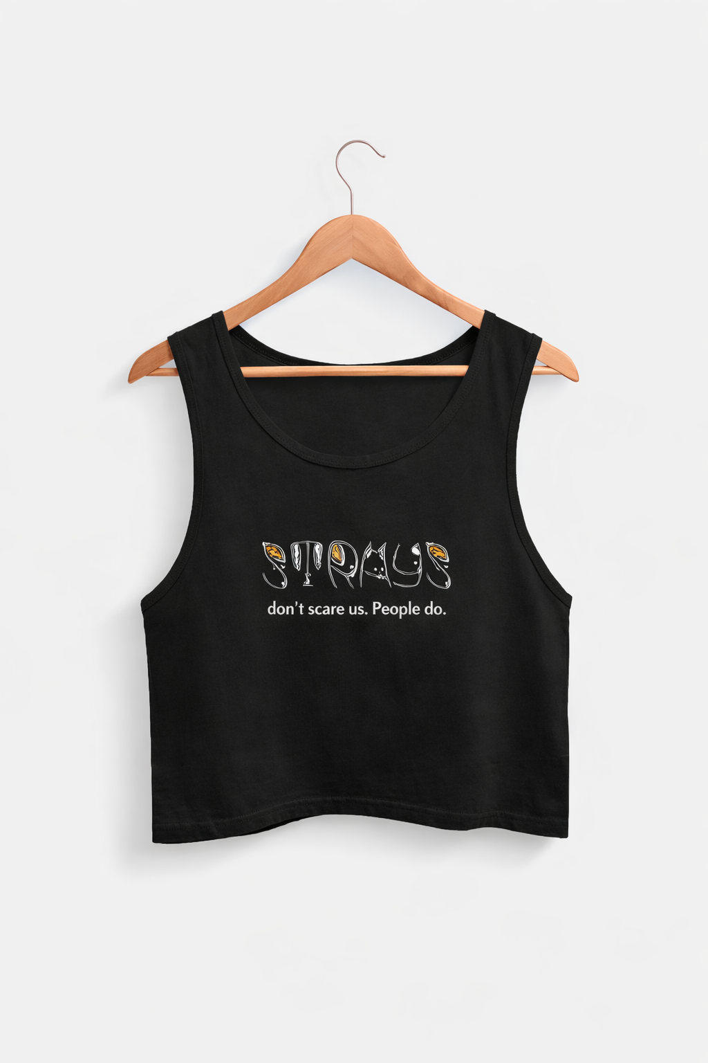 Black tank top with text on a hanger against a white background