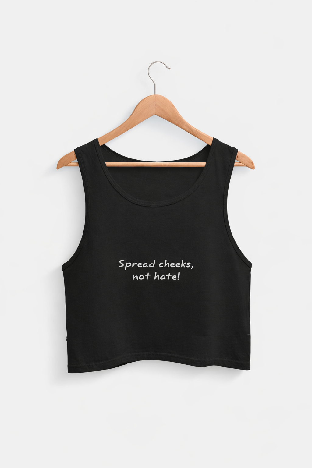 Black tank top with text on a hanger against a white background