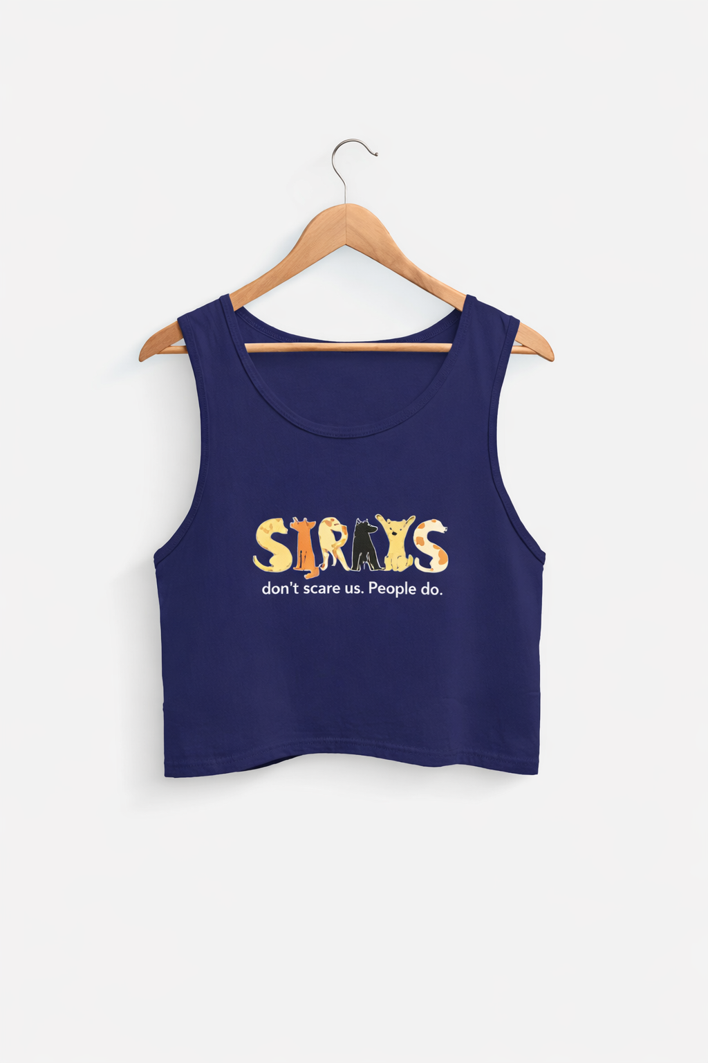 Navy blue tank top with 'SIRIUS' text on a hanger against a white background