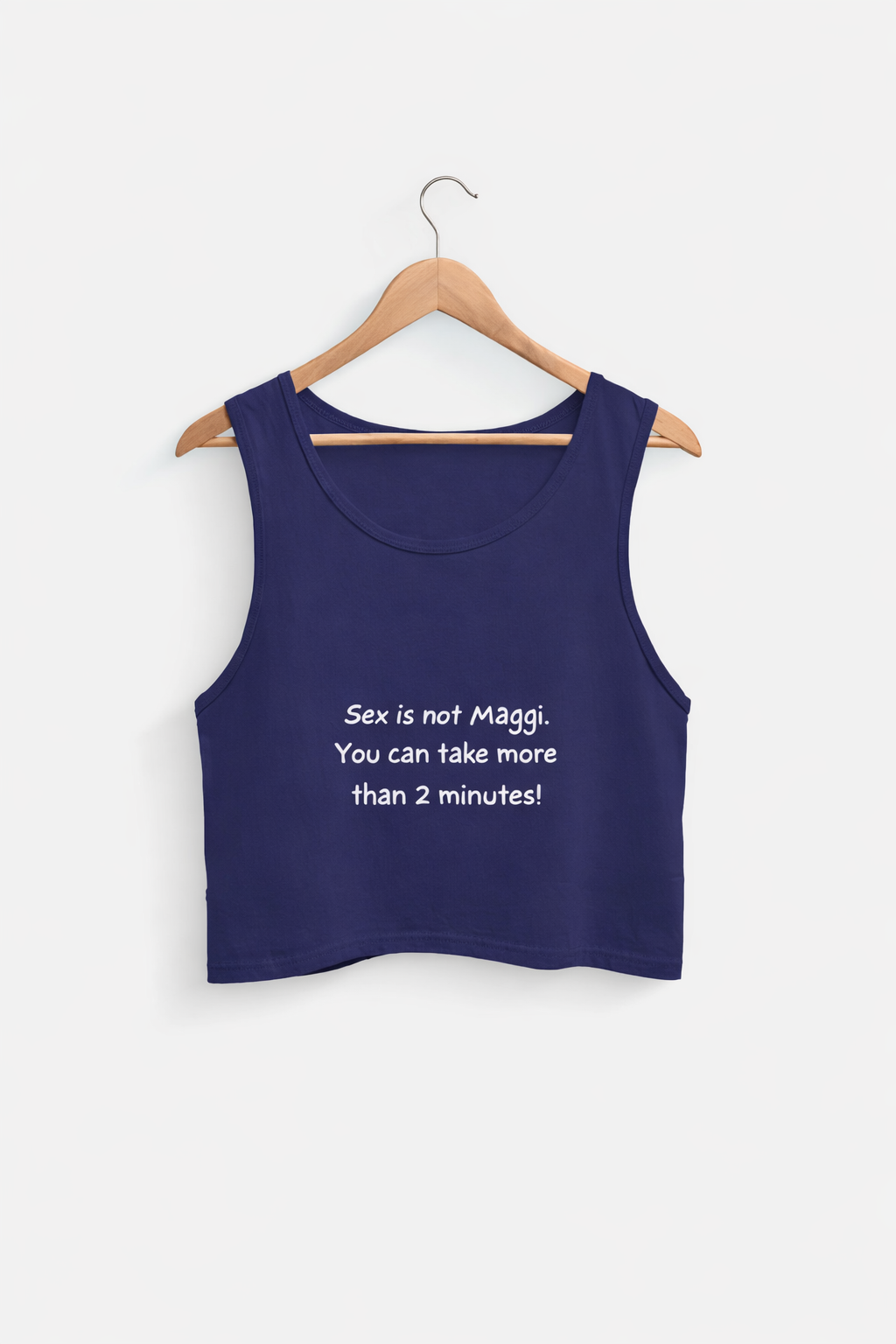 Navy blue tank top with white text on a hanger against a white background