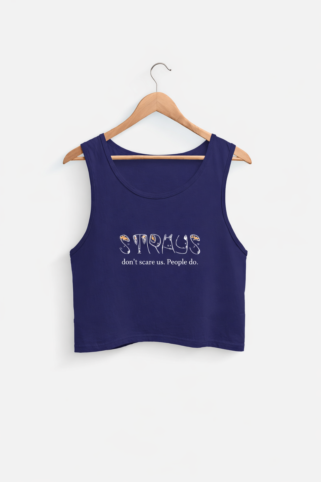 Navy blue tank top with text on a hanger against a white background