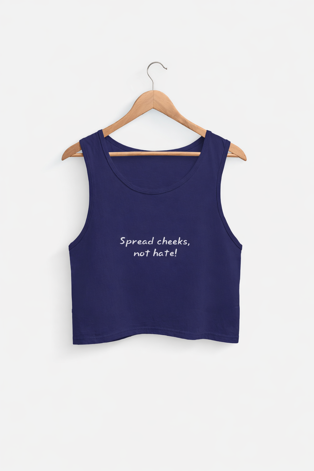 Navy blue tank top with white text on a hanger against a white background
