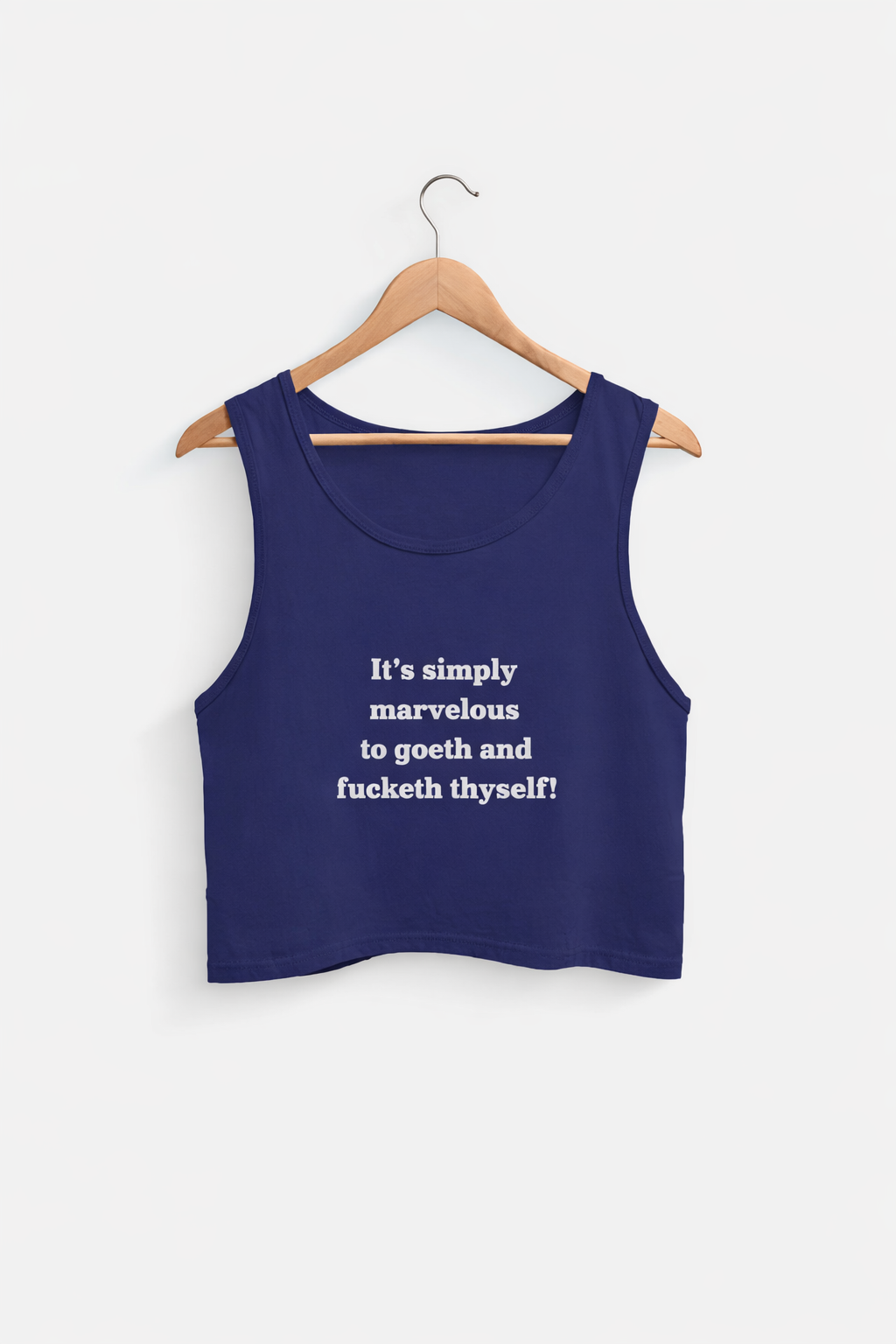 Navy blue tank top with white text on a white background