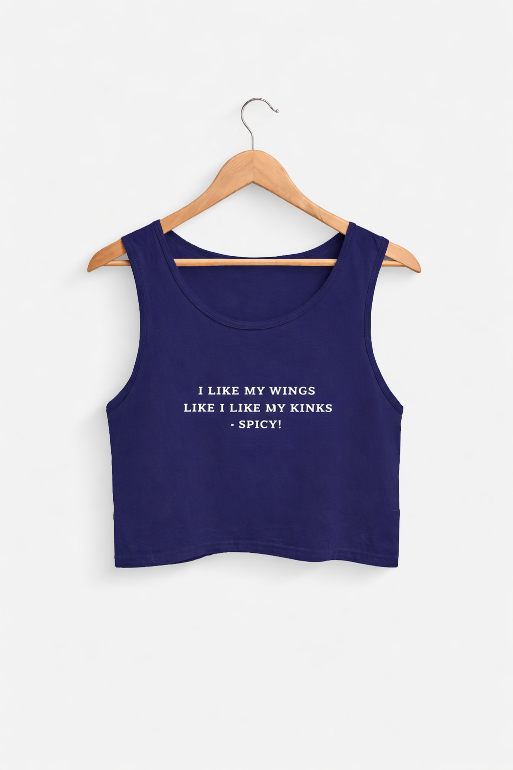 Navy blue tank top with text on a hanger against a white background