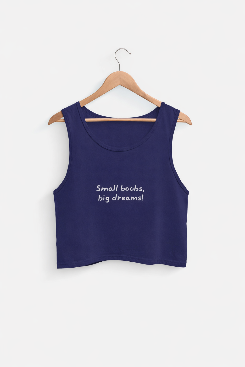 Navy blue tank top with 'Small boobs, big dreams!' text on a white background