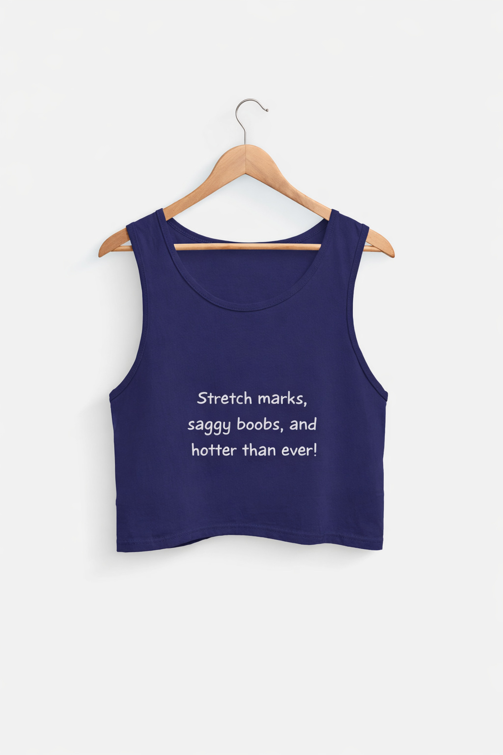 Navy blue tank top with white text on a hanger against a white background