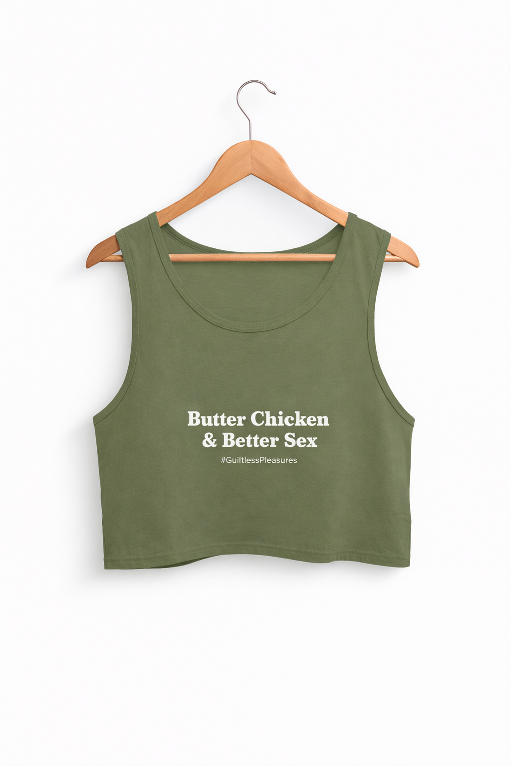 Green tank top with text on a hanger against a white background