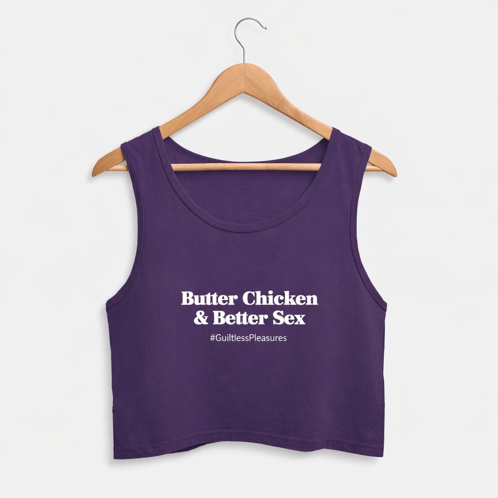 Purple tank top with text on a hanger against a white background